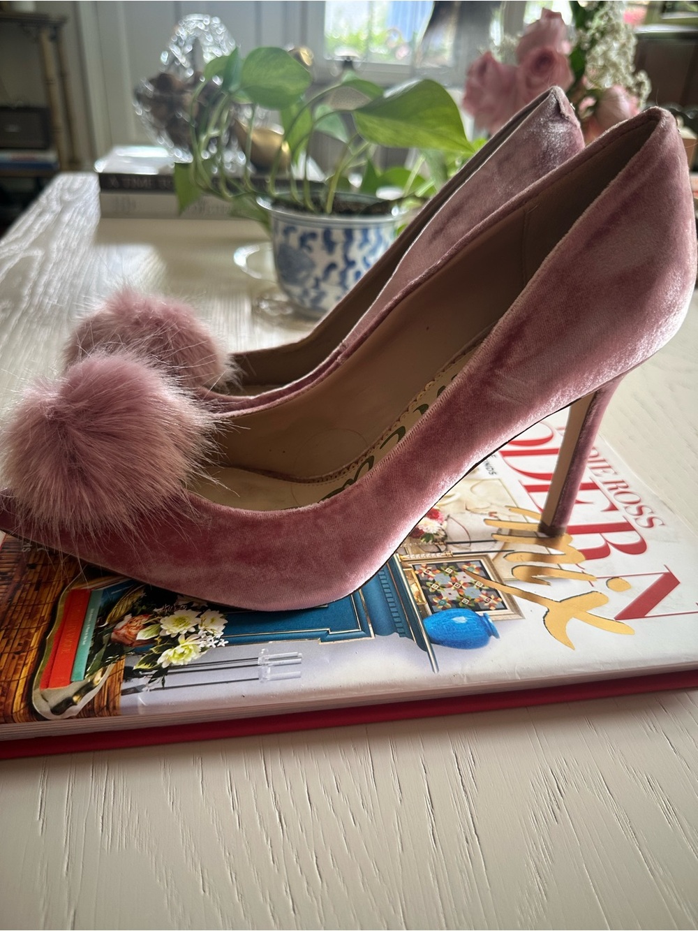 Sam Edelman Blush Pink Velvet Pointed-Toe Pumps with Pom Pom - Picture 4 of 5